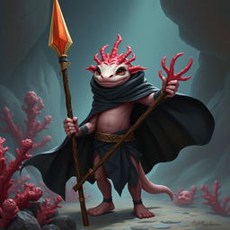 A tall, lanky humanoid axolotl wizard, holding a striking coral spear