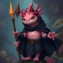 A tall, lanky humanoid axolotl wizard, holding a striking coral spear