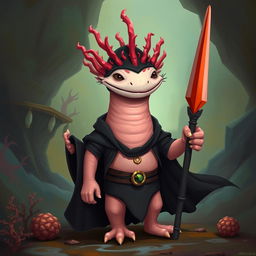 A tall, lanky humanoid axolotl wizard, holding a striking coral spear