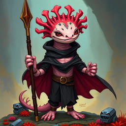 A tall, lanky humanoid axolotl wizard, holding a striking coral spear