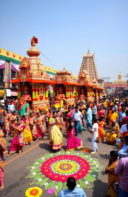 A vibrant and colorful depiction of the famous festivals of Odisha, showcasing the Ratha Yatra with elaborately decorated chariots of Lord Jagannath, Balabhadra, and Subhadra being pulled by a massive crowd