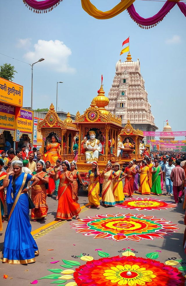 A vibrant and colorful depiction of the famous festivals of Odisha, showcasing the Ratha Yatra with elaborately decorated chariots of Lord Jagannath, Balabhadra, and Subhadra being pulled by a massive crowd