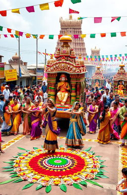 A vibrant and colorful depiction of the famous festivals of Odisha, showcasing the Ratha Yatra with elaborately decorated chariots of Lord Jagannath, Balabhadra, and Subhadra being pulled by a massive crowd