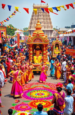 A vibrant and colorful depiction of the famous festivals of Odisha, showcasing the Ratha Yatra with elaborately decorated chariots of Lord Jagannath, Balabhadra, and Subhadra being pulled by a massive crowd