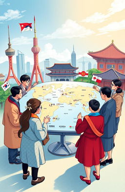 A visually striking illustration depicting the theme of global cooperation with a focus on Korea