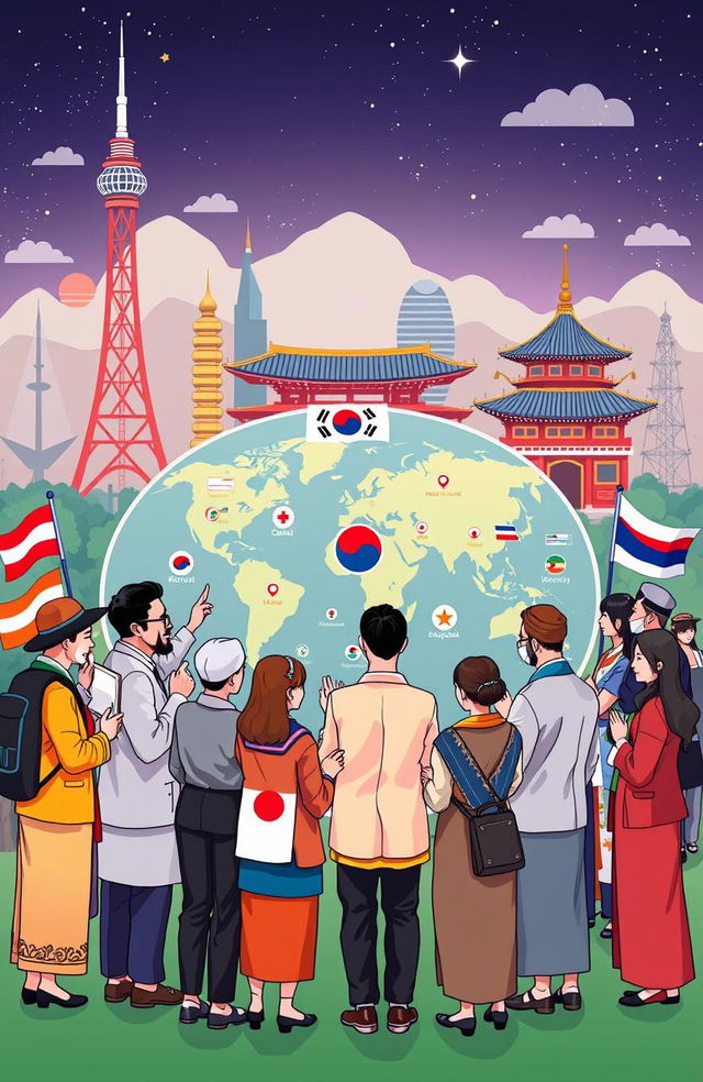 A visually striking illustration depicting the theme of global cooperation with a focus on Korea