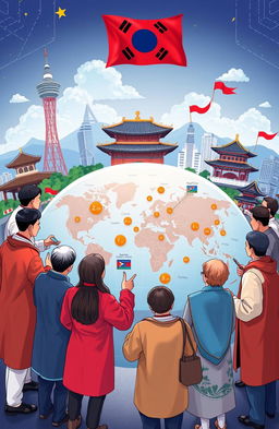 A visually striking illustration depicting the theme of global cooperation with a focus on Korea