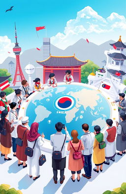 A visually striking illustration depicting the theme of global cooperation with a focus on Korea