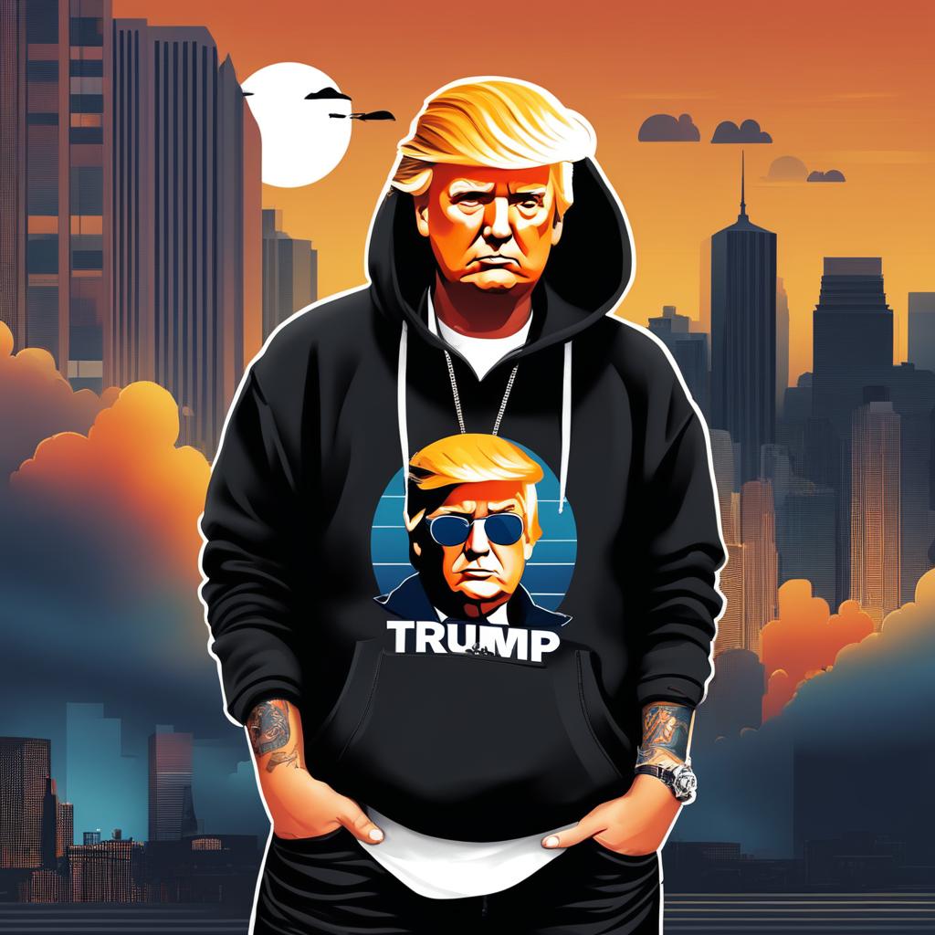 Digital art of Donald Trump as a SoundCloud rapper with face tattoos, wearing a black hoodie and baggy jeans in an urban setting