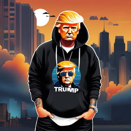 Digital art of Donald Trump as a SoundCloud rapper with face tattoos, wearing a black hoodie and baggy jeans in an urban setting