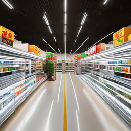 A modern, spacious superstore that is 26 feet deep and 13 feet wide. The store features 2 double-sided modern racks in the center, 2 cold drink refrigerators, an ice cream deep freezer, and a sleek L-shaped cash counter.