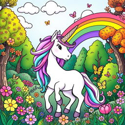 A colorful unicorn in a magical forest, surrounded by flowers and butterflies, with a rainbow in the sky