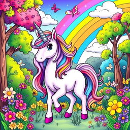 A colorful unicorn in a magical forest, surrounded by flowers and butterflies, with a rainbow in the sky