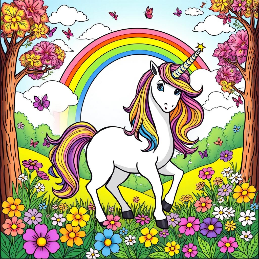 A colorful unicorn in a magical forest, surrounded by flowers and butterflies, with a rainbow in the sky