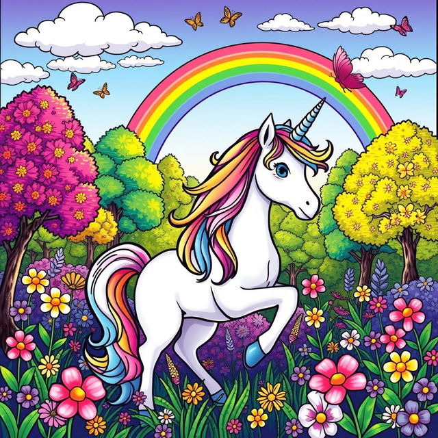 A colorful unicorn in a magical forest, surrounded by flowers and butterflies, with a rainbow in the sky