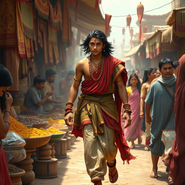 A dynamic scene of young Nagulan from the Mahabharata, portrayed as a youthful, heroic figure walking through a lively market