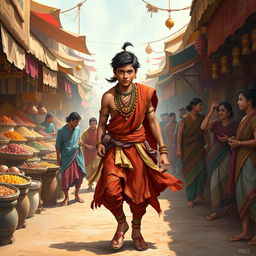A dynamic scene of young Nagulan from the Mahabharata, portrayed as a youthful, heroic figure walking through a lively market