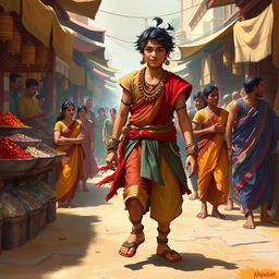 A dynamic scene of young Nagulan from the Mahabharata, portrayed as a youthful, heroic figure walking through a lively market