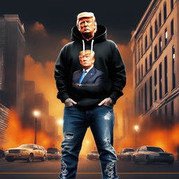 Digital art of Donald Trump as a SoundCloud rapper with face tattoos, wearing a black hoodie and baggy jeans in an urban setting