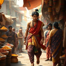 A dynamic scene of young Nagulan from the Mahabharata, portrayed as a youthful, heroic figure walking through a lively market