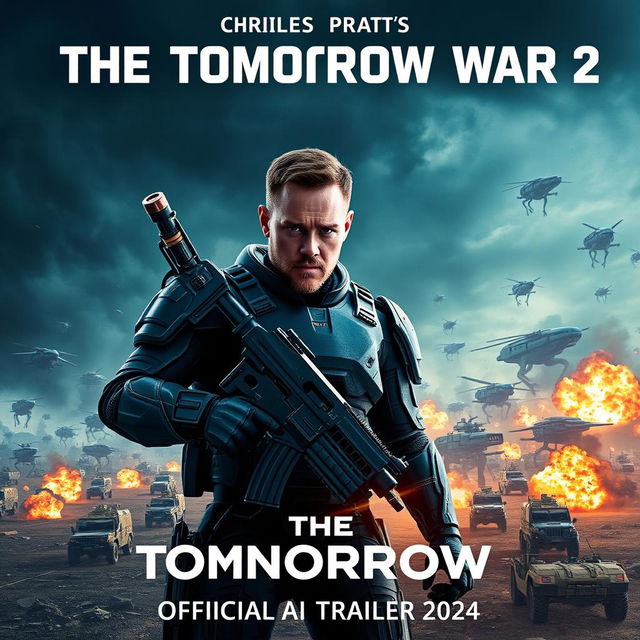 A dynamic and captivating movie poster for 'THE TOMORROW WAR 2 — Official AI Trailer (2024)', featuring Chris Pratt as the lead character