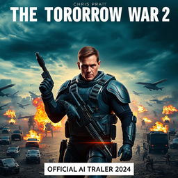 A dynamic and captivating movie poster for 'THE TOMORROW WAR 2 — Official AI Trailer (2024)', featuring Chris Pratt as the lead character