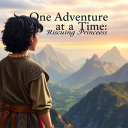 An enchanting book cover featuring a black wavy-haired teenage boy in medieval clothing, standing with his back to the viewer