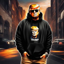 Digital art of Donald Trump as a SoundCloud rapper with face tattoos, wearing a black hoodie and baggy jeans in an urban setting