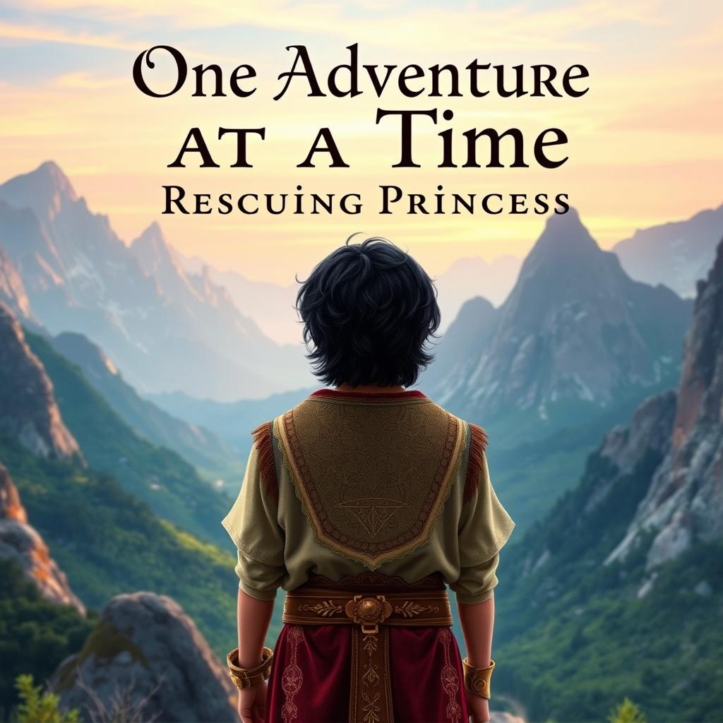 An enchanting book cover featuring a black wavy-haired teenage boy in medieval clothing, standing with his back to the viewer