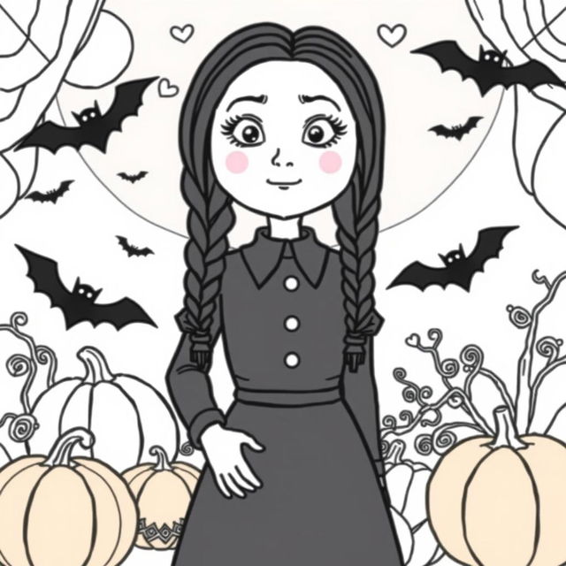 A fun and engaging coloring page featuring Wednesday Addams from The Addams Family, showcasing her iconic pale skin, dark, braided hair, and signature black dress