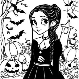 A fun and engaging coloring page featuring Wednesday Addams from The Addams Family, showcasing her iconic pale skin, dark, braided hair, and signature black dress