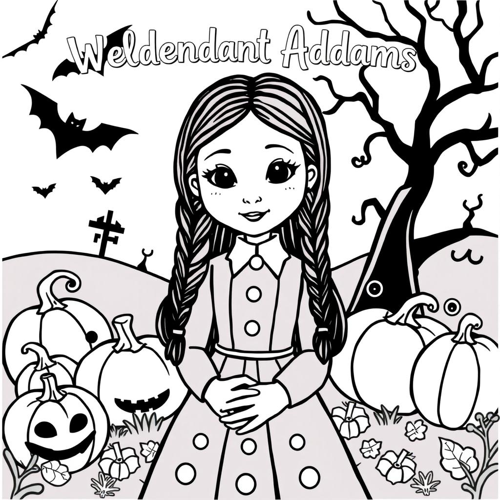 A fun and engaging coloring page featuring Wednesday Addams from The Addams Family, showcasing her iconic pale skin, dark, braided hair, and signature black dress