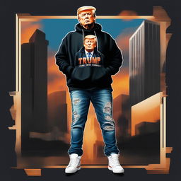 Digital art of Donald Trump as a SoundCloud rapper with face tattoos, wearing a black hoodie and baggy jeans in an urban setting