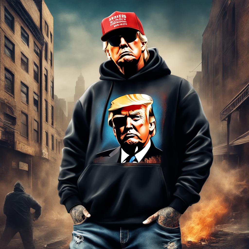 Digital art of Donald Trump as a hardcore gangster rapper with face tattoos, wearing a black hoodie and baggy jeans in a gritty urban setting