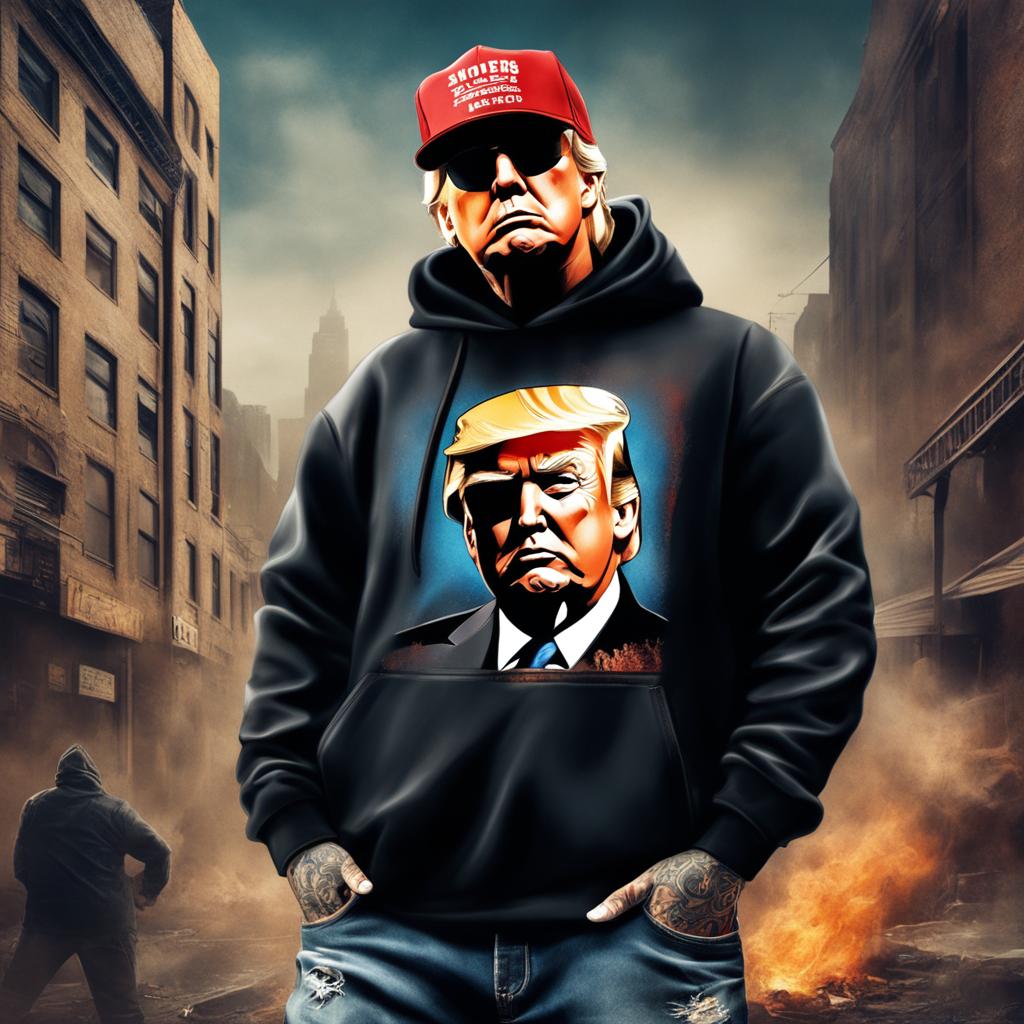 Digital art of Donald Trump as a hardcore gangster rapper with face tattoos, wearing a black hoodie and baggy jeans in a gritty urban setting