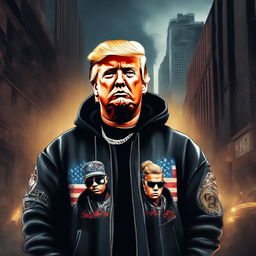 Digital art of Donald Trump as a hardcore gangster rapper with face tattoos, wearing a black hoodie and baggy jeans in a gritty urban setting