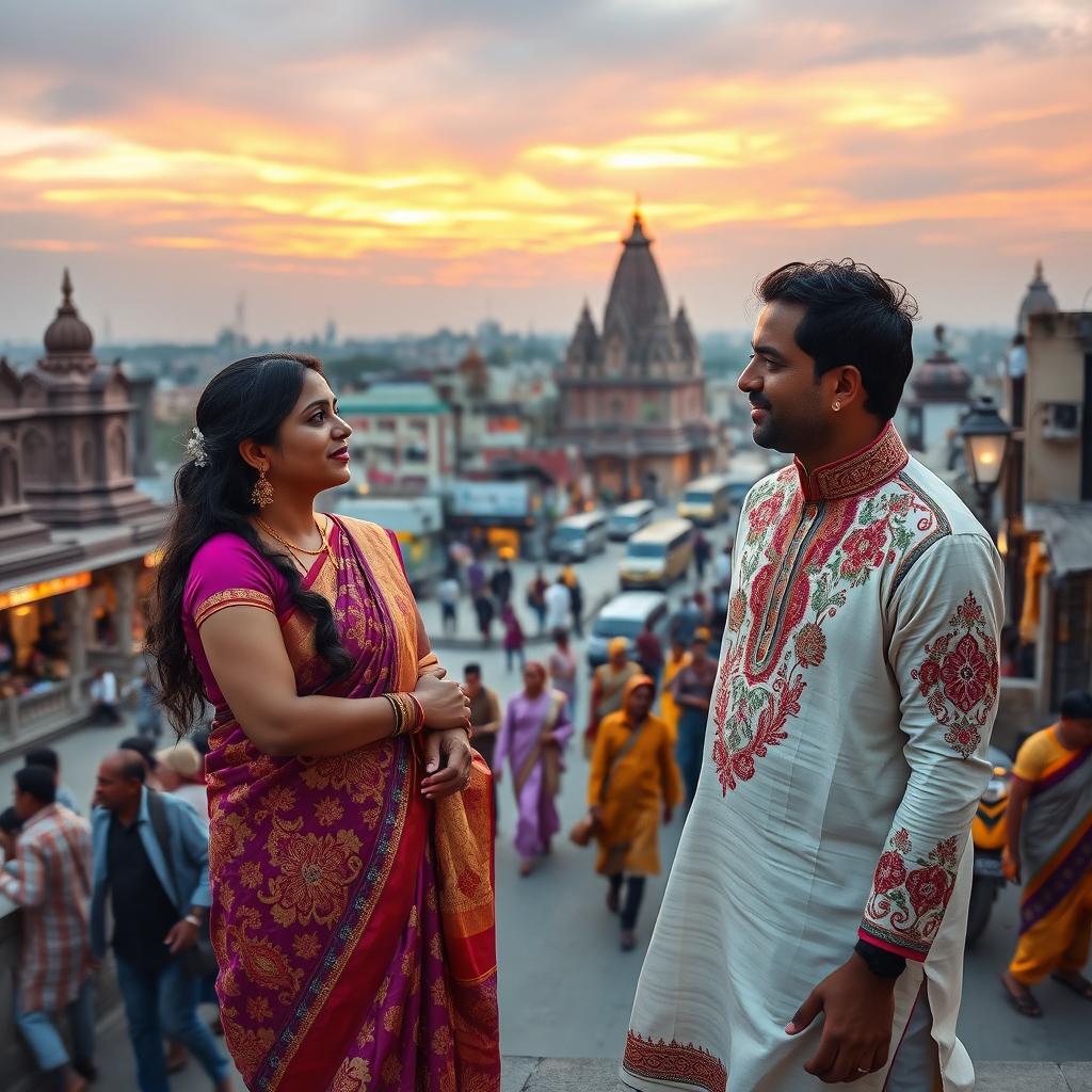 A South Asian woman in a beautiful traditional saree, richly adorned with intricate patterns and bright colors, engaged in a passionate conversation with a South Asian man dressed in a traditional Kurta, showcasing vibrant embroidery