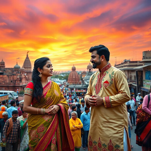 A South Asian woman in a beautiful traditional saree, richly adorned with intricate patterns and bright colors, engaged in a passionate conversation with a South Asian man dressed in a traditional Kurta, showcasing vibrant embroidery