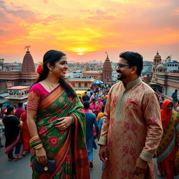 A South Asian woman in a beautiful traditional saree, richly adorned with intricate patterns and bright colors, engaged in a passionate conversation with a South Asian man dressed in a traditional Kurta, showcasing vibrant embroidery