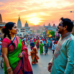 A South Asian woman in a beautiful traditional saree, richly adorned with intricate patterns and bright colors, engaged in a passionate conversation with a South Asian man dressed in a traditional Kurta, showcasing vibrant embroidery