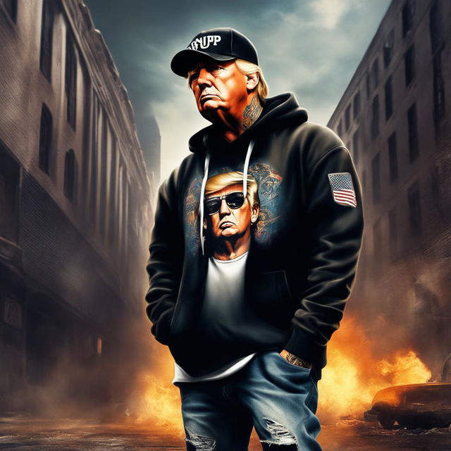 Digital art of Donald Trump as a hardcore gangster rapper with face tattoos, wearing a black hoodie and baggy jeans in a gritty urban setting