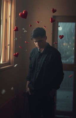A person standing alone in a dimly lit room, their expression a mix of sadness and determination