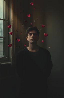 A person standing alone in a dimly lit room, their expression a mix of sadness and determination