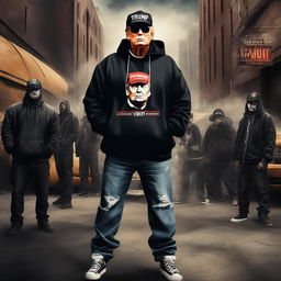 Digital art of Donald Trump as a hardcore gangster rapper with face tattoos, wearing a black hoodie and baggy jeans in a gritty urban setting