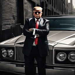 Digital art of Donald Trump as a hardcore gangster rapper with face tattoos, leaning on a Rolls Royce in a gritty urban setting