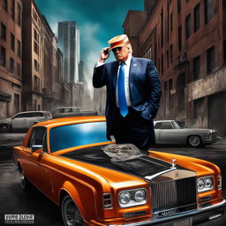 Digital art of Donald Trump as a hardcore gangster rapper with face tattoos, leaning on a Rolls Royce in a gritty urban setting