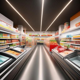 A modern, spacious superstore that is 26 feet deep and 13 feet wide. The store features 2 double-sided modern racks in the center, 2 cold drink refrigerators, an ice cream deep freezer, and a sleek L-shaped cash counter.