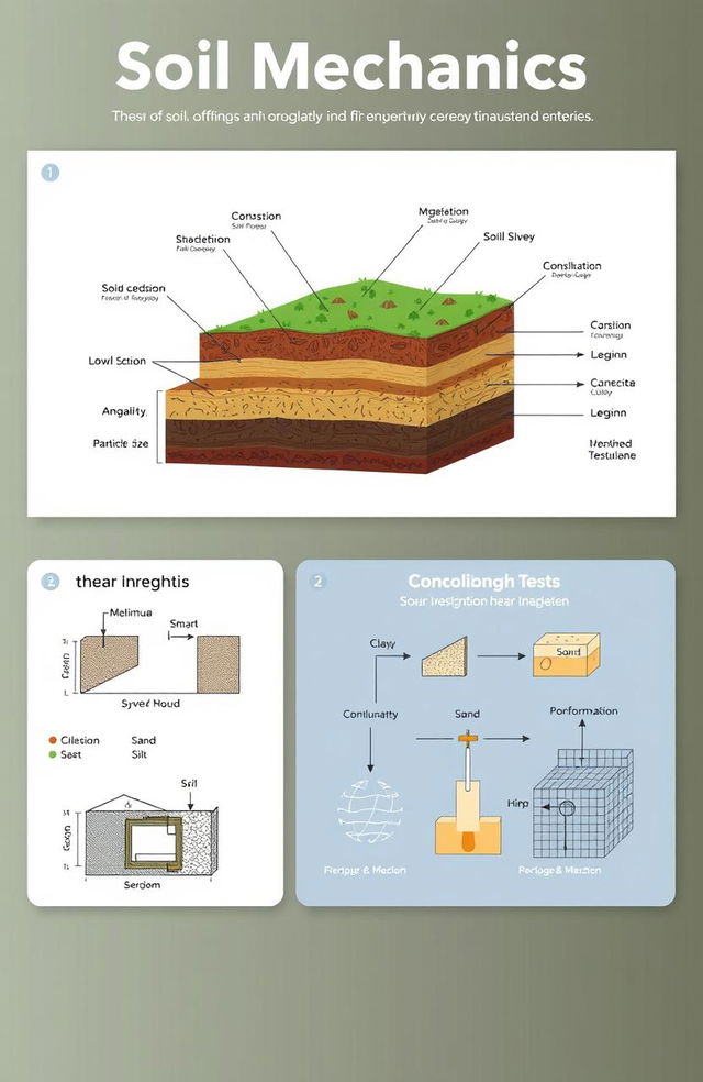 A visually engaging and educational illustration of soil mechanics, featuring a cross-sectional view of different soil layers, highlighting their properties such as cohesion, angularity, and particle size