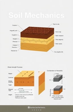 A visually engaging and educational illustration of soil mechanics, featuring a cross-sectional view of different soil layers, highlighting their properties such as cohesion, angularity, and particle size