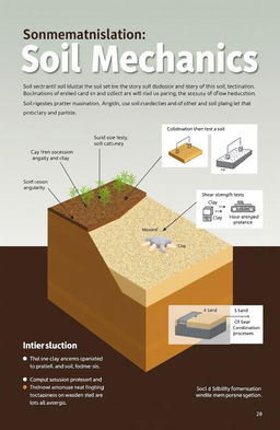 A visually engaging and educational illustration of soil mechanics, featuring a cross-sectional view of different soil layers, highlighting their properties such as cohesion, angularity, and particle size